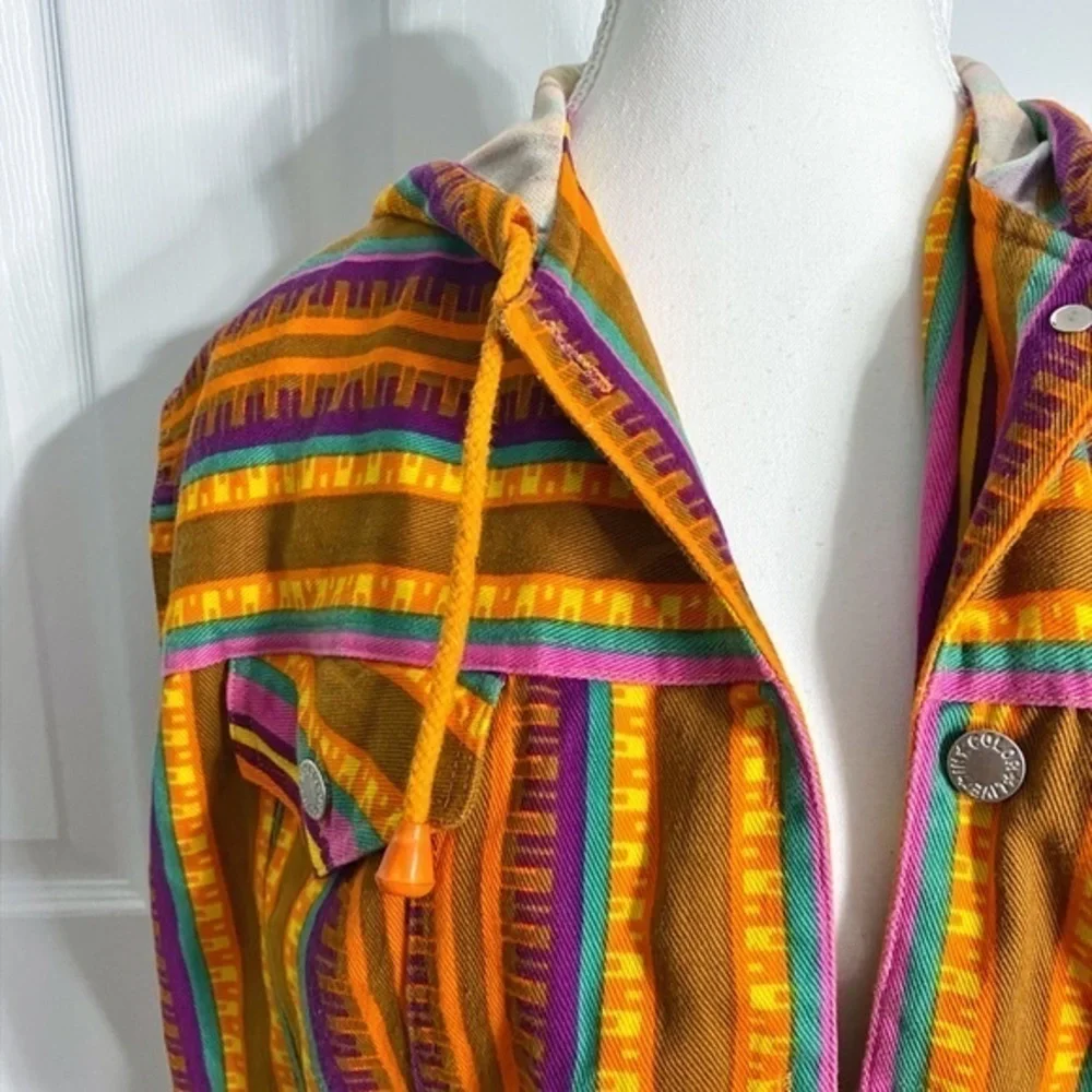 Live‎ in Color 1990’s Multicolored Stripe Aztec Sleeveless Jean Jacket w/ Hoodie